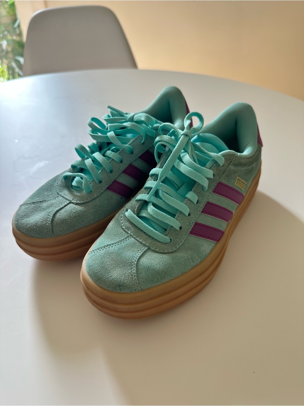 adidas Kids Mint Green Suede Sneakers with Purple Stripes